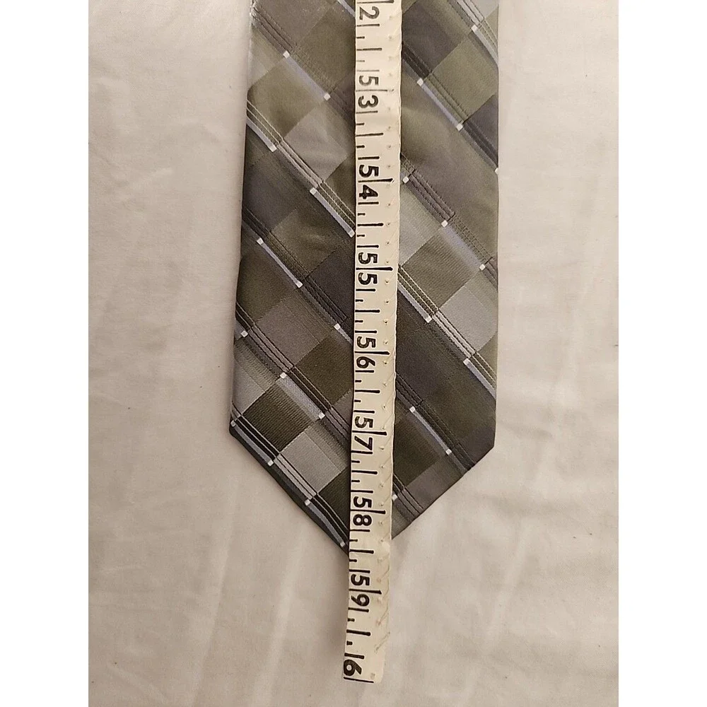 Calvin Klein Men's Tie Polyester Silk Blend Necktie Grid Pattern Green And Gray